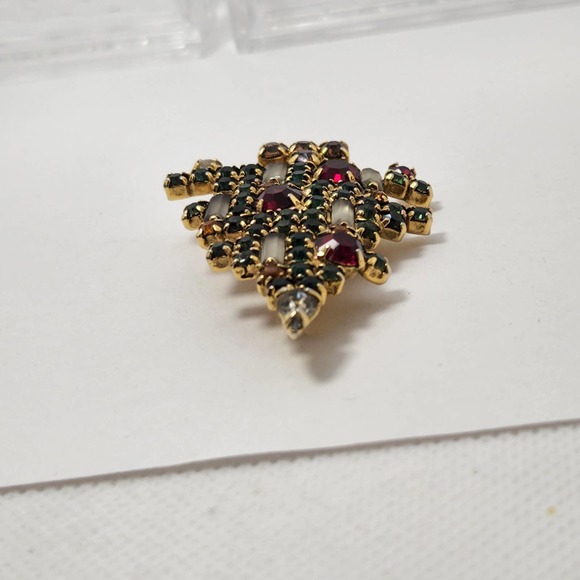 Vintage Weiss 5 Candle Rhinestone Christmas Tree Brooch Pin Gold Tone Holiday - Picture 6 of 10
